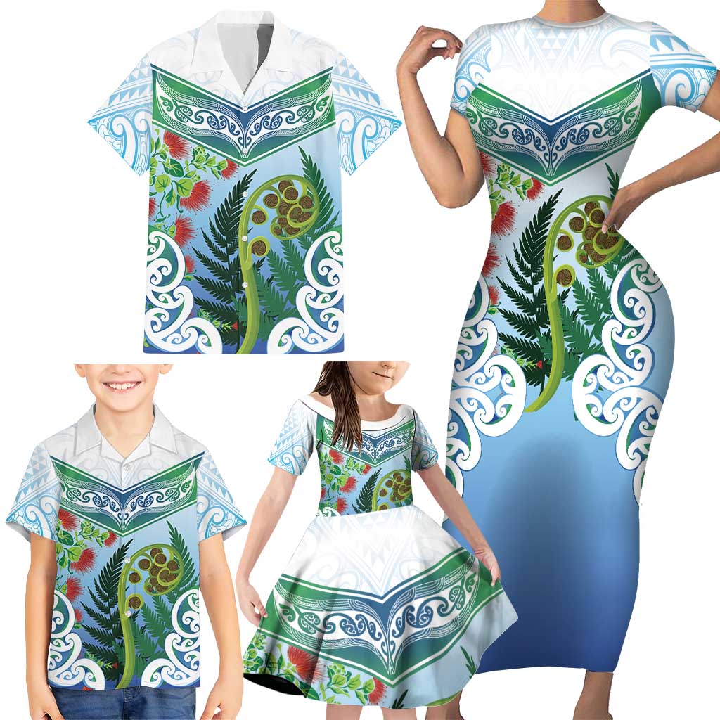 Aotearoa New Zealand Natural Plants Family Matching Short Sleeve Bodycon Dress and Hawaiian Shirt Pohutukawa with Silver Ferns Koru Frond Maori Tattoos LT03 - Polynesian Pride