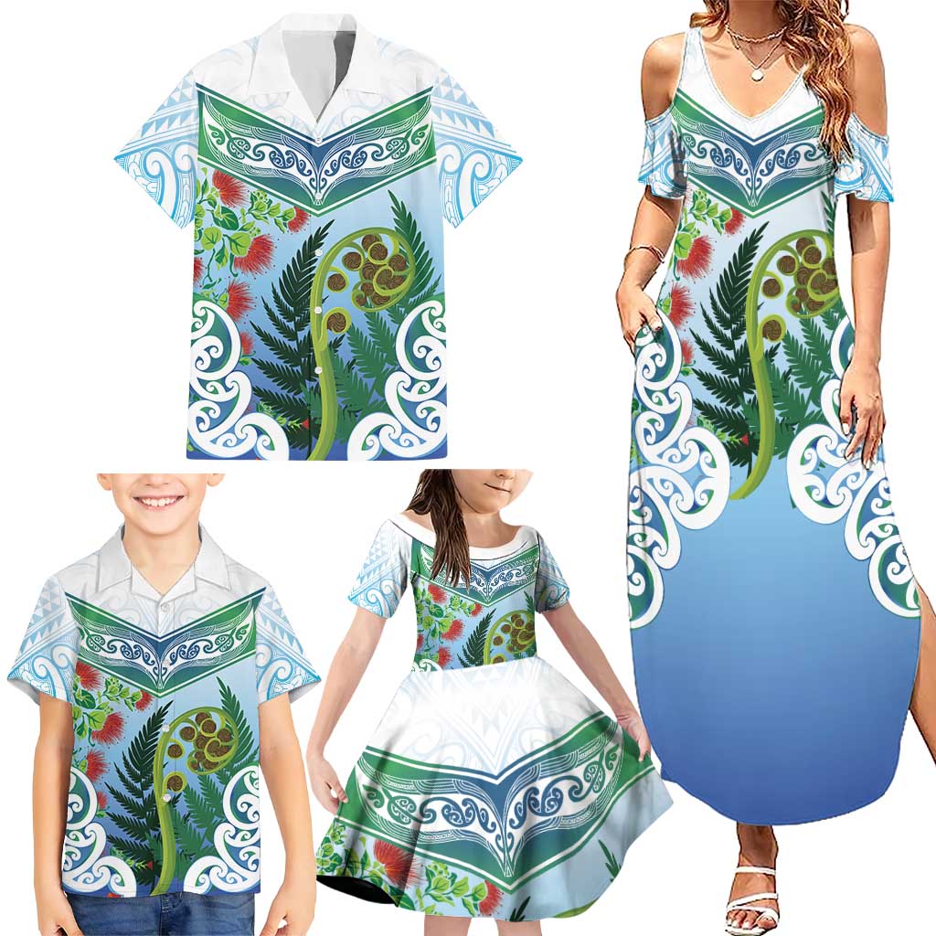 Aotearoa New Zealand Natural Plants Family Matching Summer Maxi Dress and Hawaiian Shirt Pohutukawa with Silver Ferns Koru Frond Maori Tattoos LT03 - Polynesian Pride