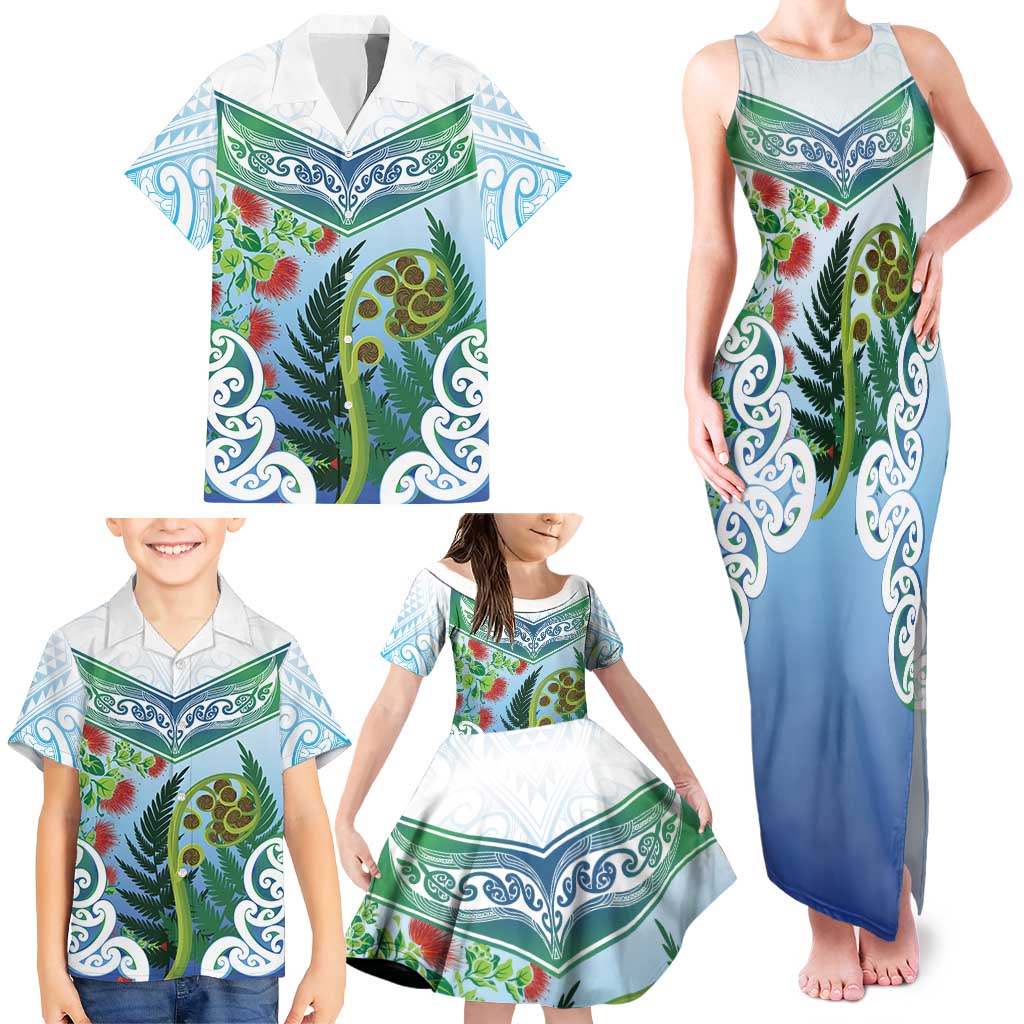 Aotearoa New Zealand Natural Plants Family Matching Tank Maxi Dress and Hawaiian Shirt Pohutukawa with Silver Ferns Koru Frond Maori Tattoos
