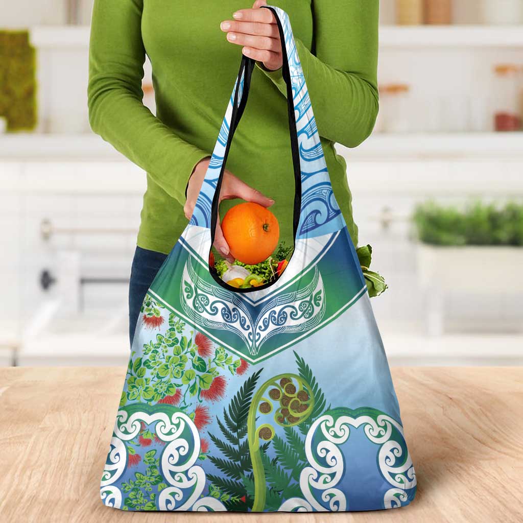 Aotearoa New Zealand Natural Plants Grocery Bag Pohutukawa with Silver Ferns Koru Frond Maori Tattoos