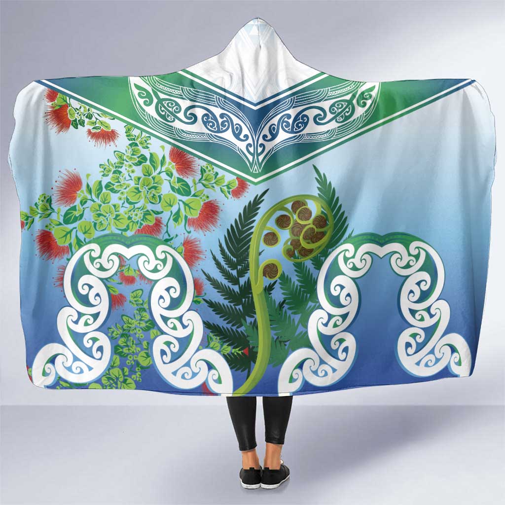 Aotearoa New Zealand Natural Plants Hooded Blanket Pohutukawa with Silver Ferns Koru Frond Maori Tattoos LT03 One Size Multicolor - Polynesian Pride