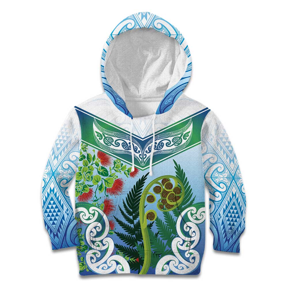 Aotearoa New Zealand Natural Plants Kid Hoodie Pohutukawa with Silver Ferns Koru Frond Maori Tattoos LT03 Hoodie Multicolor - Polynesian Pride
