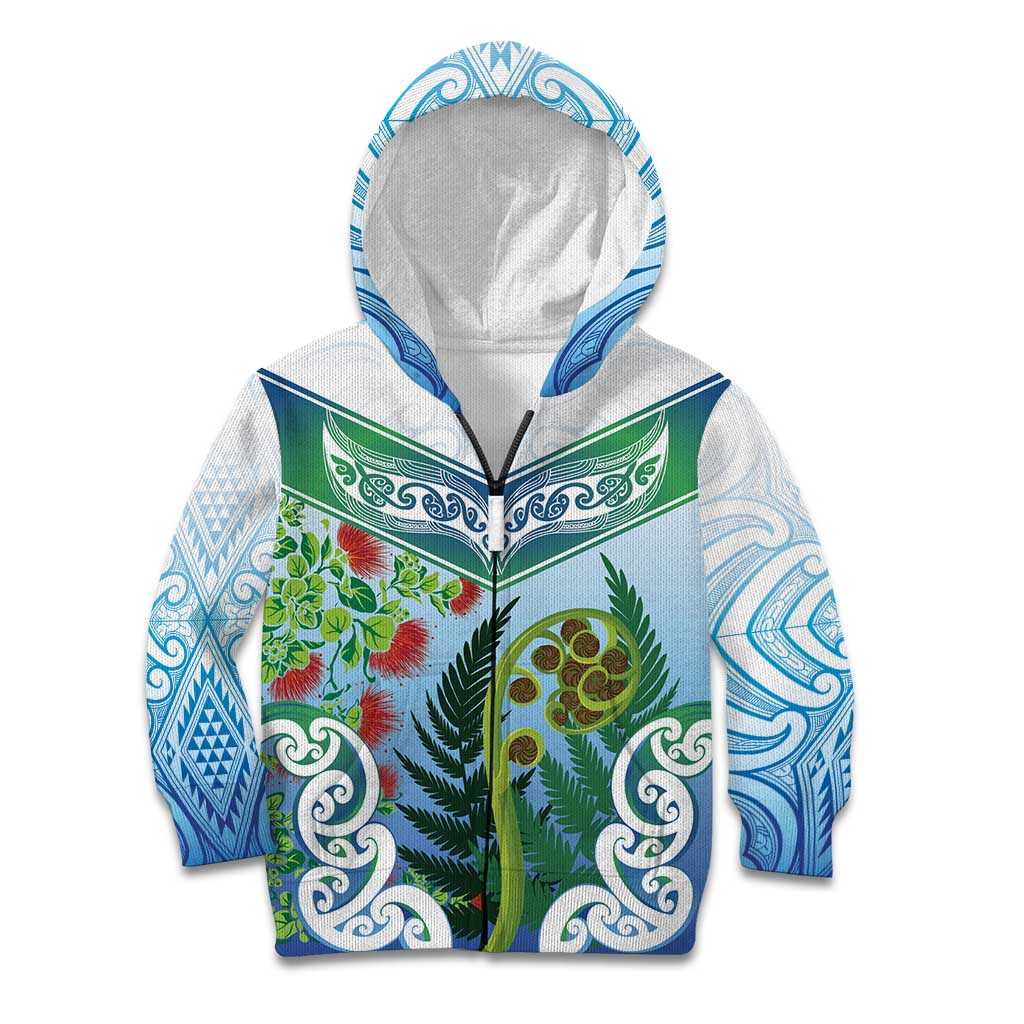 Aotearoa New Zealand Natural Plants Kid Hoodie Pohutukawa with Silver Ferns Koru Frond Maori Tattoos LT03 Zip Hoodie Multicolor - Polynesian Pride