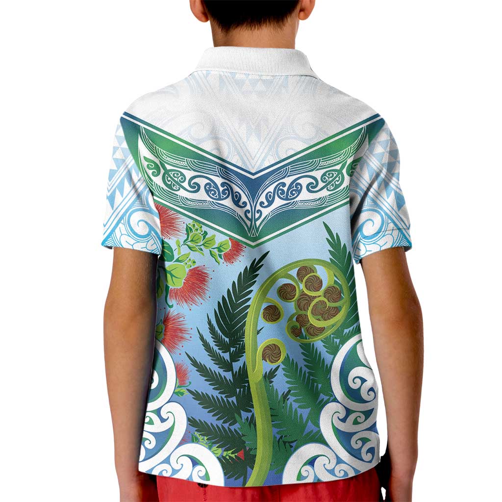 Aotearoa New Zealand Natural Plants Kid Polo Shirt Pohutukawa with Silver Ferns Koru Frond Maori Tattoos LT03 - Polynesian Pride