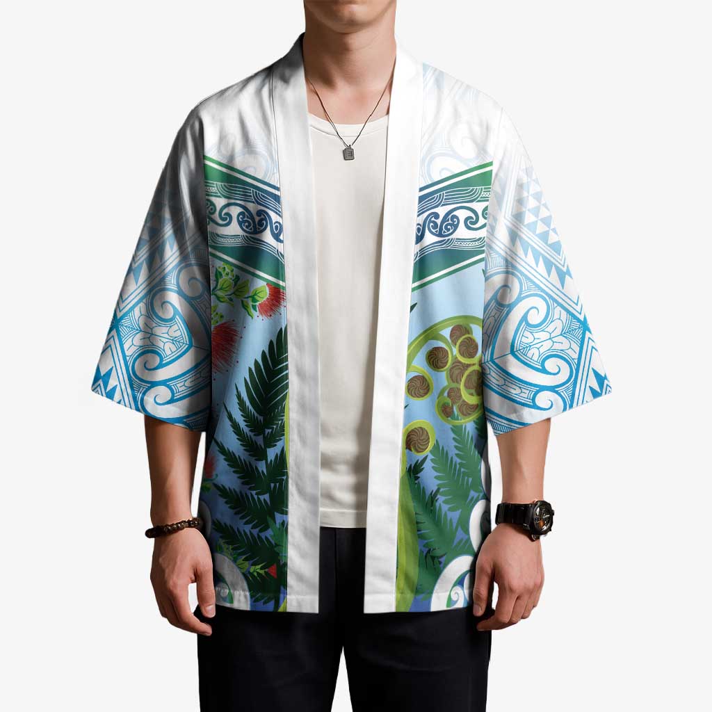 Aotearoa New Zealand Natural Plants Kimono Pohutukawa with Silver Ferns Koru Frond Maori Tattoos LT03 - Polynesian Pride