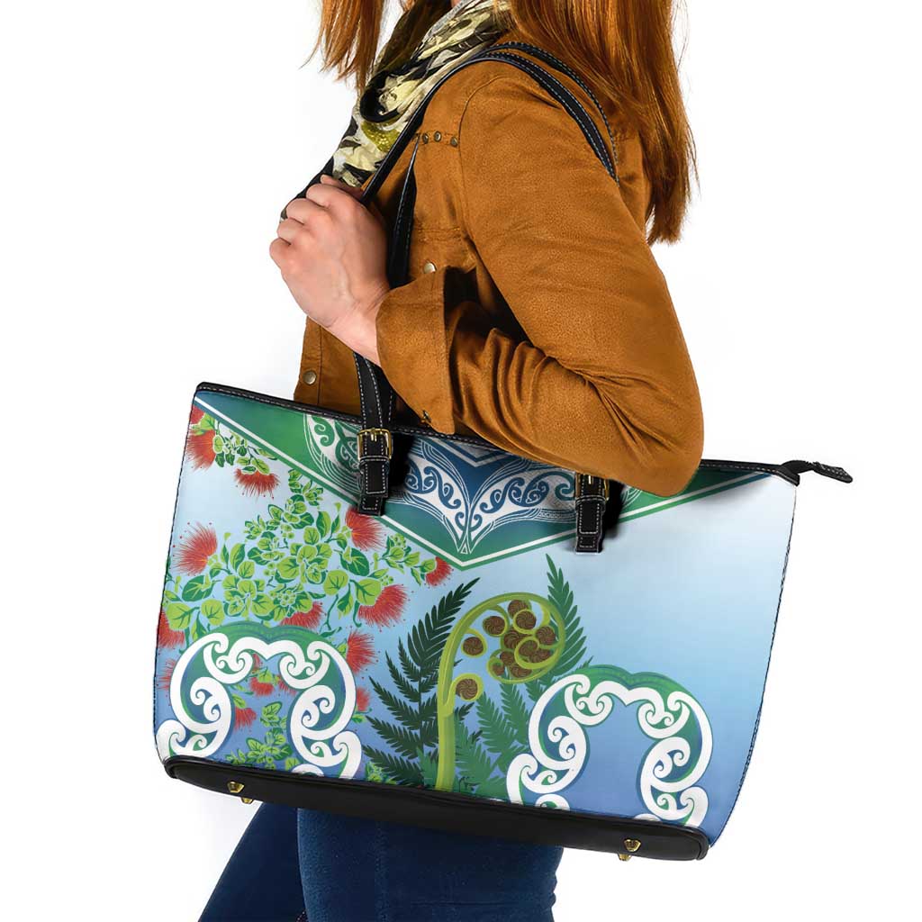 Aotearoa New Zealand Natural Plants Leather Tote Bag Pohutukawa with Silver Ferns Koru Frond Maori Tattoos