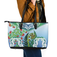 Aotearoa New Zealand Natural Plants Leather Tote Bag Pohutukawa with Silver Ferns Koru Frond Maori Tattoos