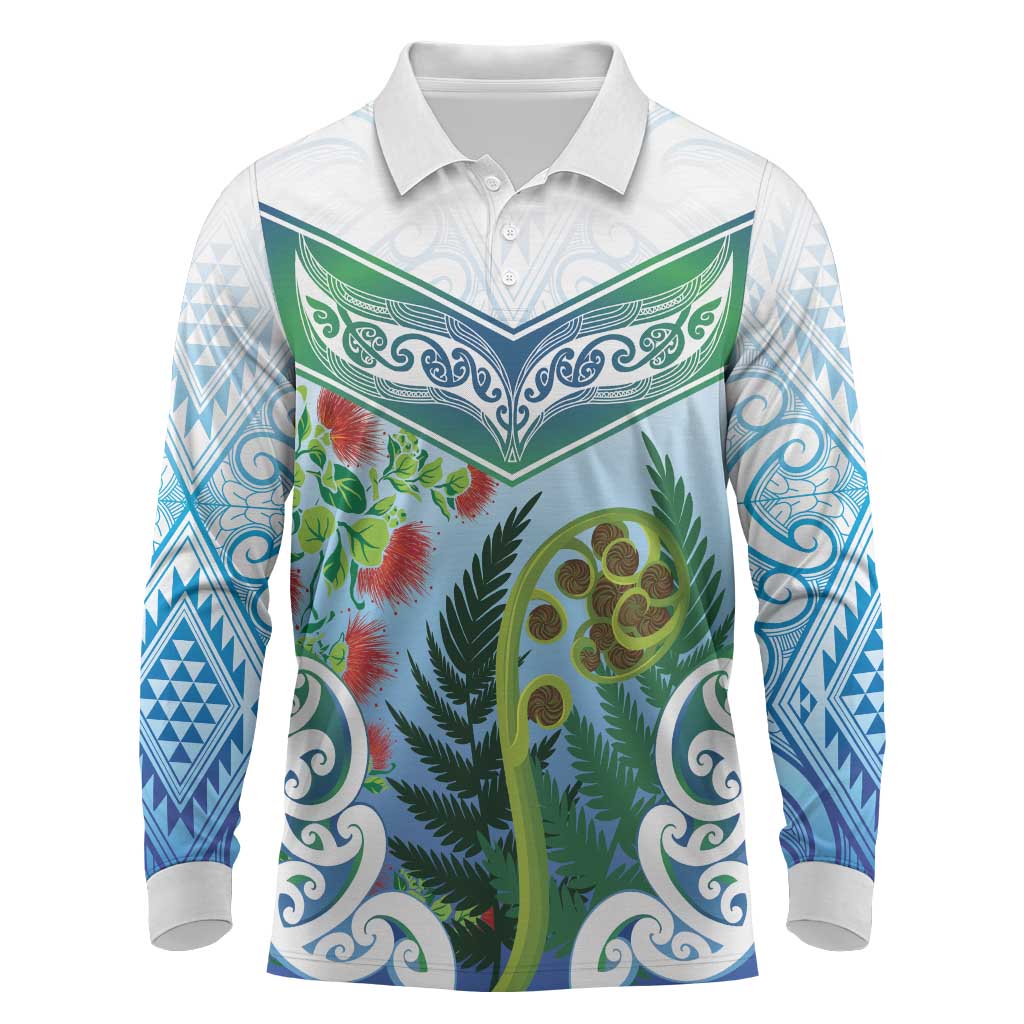 Aotearoa New Zealand Natural Plants Long Sleeve Polo Shirt Pohutukawa with Silver Ferns Koru Frond Maori Tattoos LT03 Multicolor - Polynesian Pride