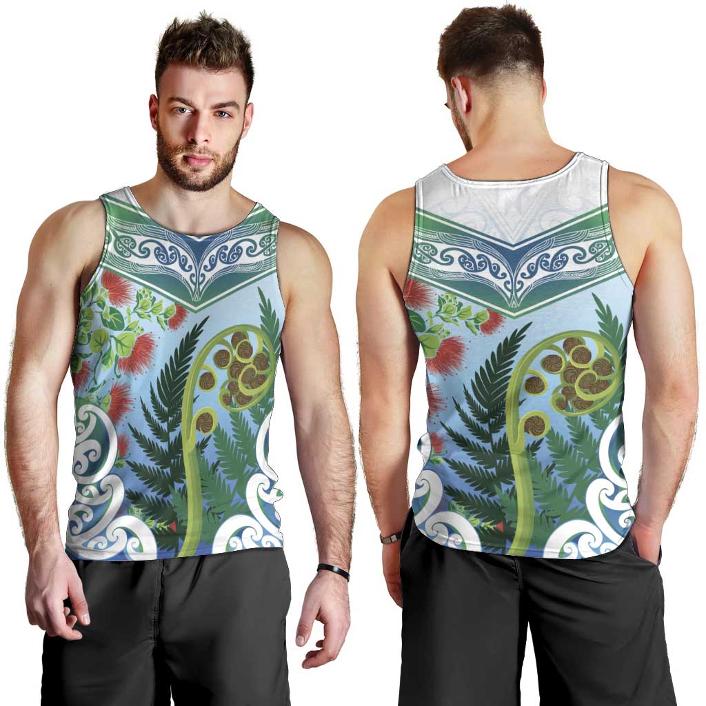 Aotearoa New Zealand Natural Plants Men Tank Top Pohutukawa with Silver Ferns Koru Frond Maori Tattoos LT03 - Polynesian Pride