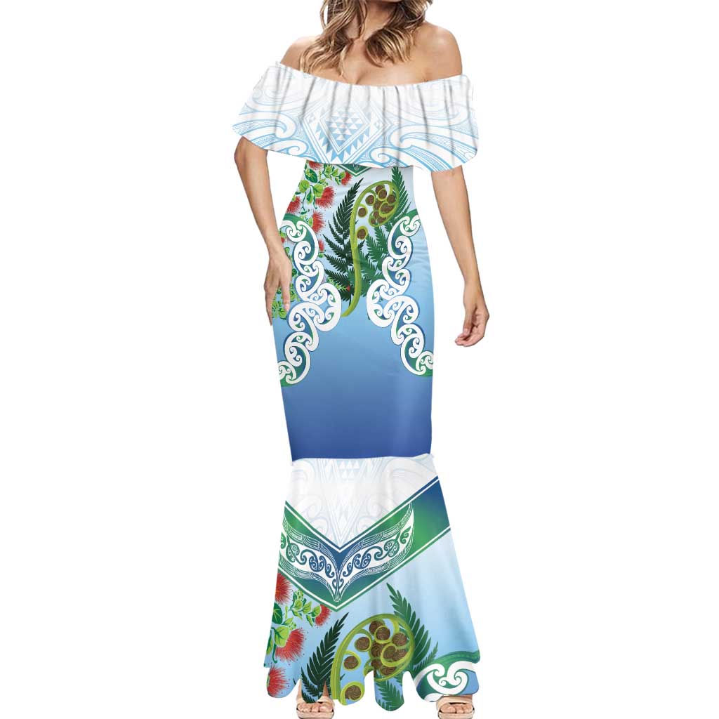 Aotearoa New Zealand Natural Plants Mermaid Dress Pohutukawa with Silver Ferns Koru Frond Maori Tattoos LT03 - Polynesian Pride