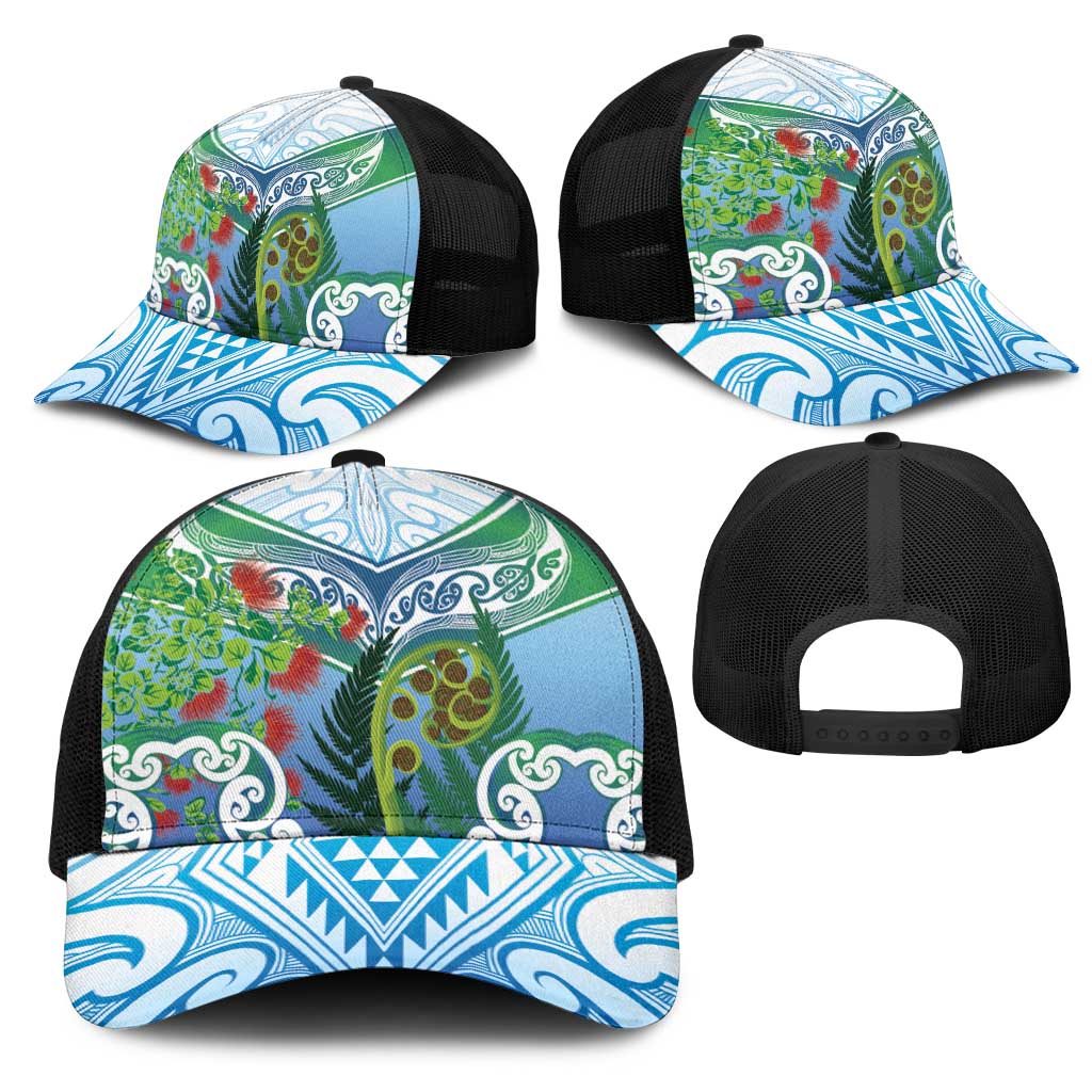 Aotearoa New Zealand Natural Plants Mesh Trucker Cap Pohutukawa with Silver Ferns Koru Frond Maori Tattoos