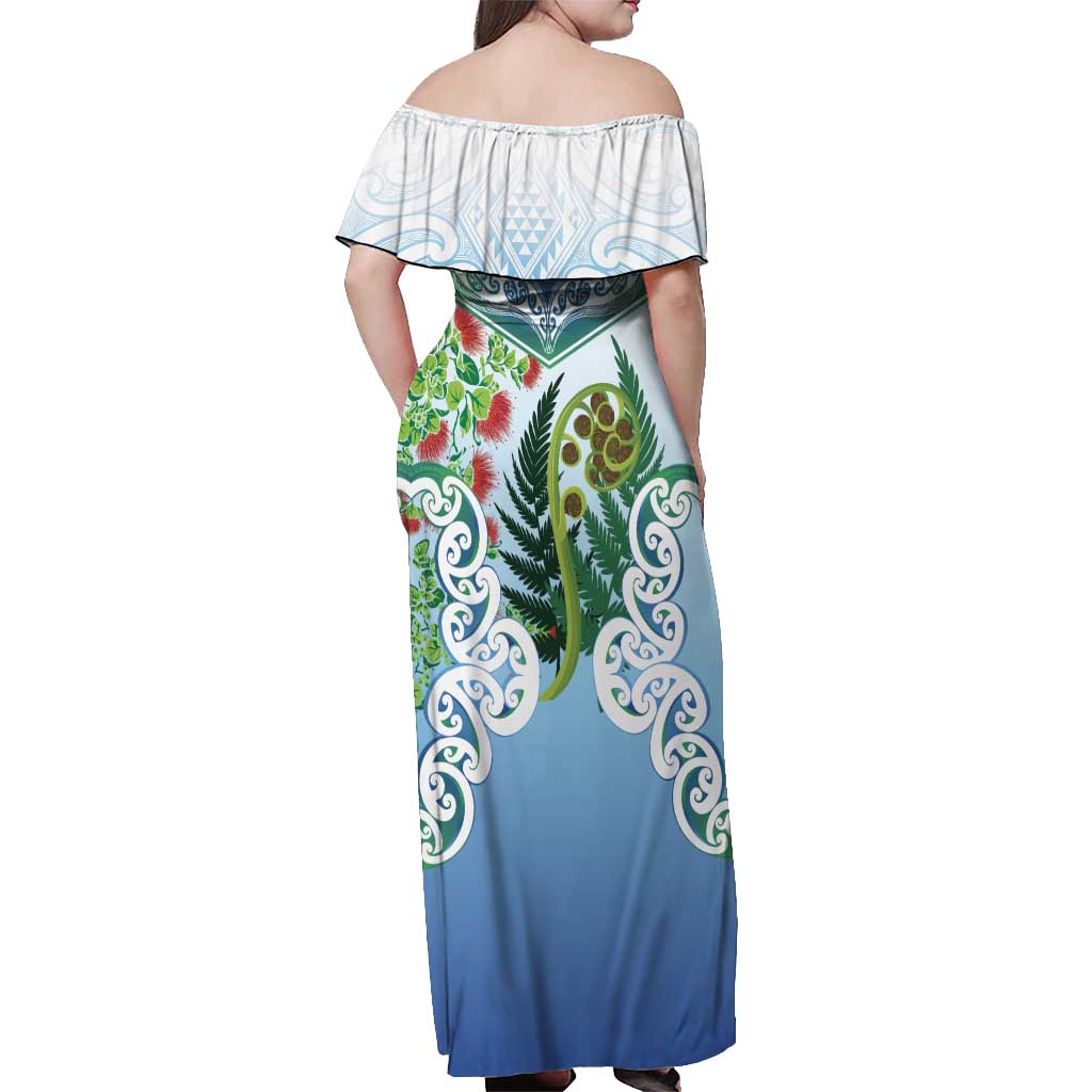 Aotearoa New Zealand Natural Plants Off Shoulder Maxi Dress Pohutukawa with Silver Ferns Koru Frond Maori Tattoos LT03 - Polynesian Pride