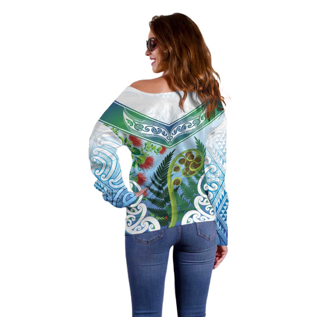 Aotearoa New Zealand Natural Plants Off Shoulder Sweater Pohutukawa with Silver Ferns Koru Frond Maori Tattoos LT03 - Polynesian Pride