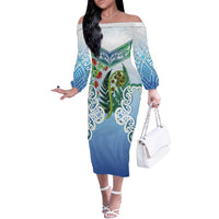 Aotearoa New Zealand Natural Plants Off The Shoulder Long Sleeve Dress Pohutukawa with Silver Ferns Koru Frond Maori Tattoos LT03 Women Multicolor - Polynesian Pride