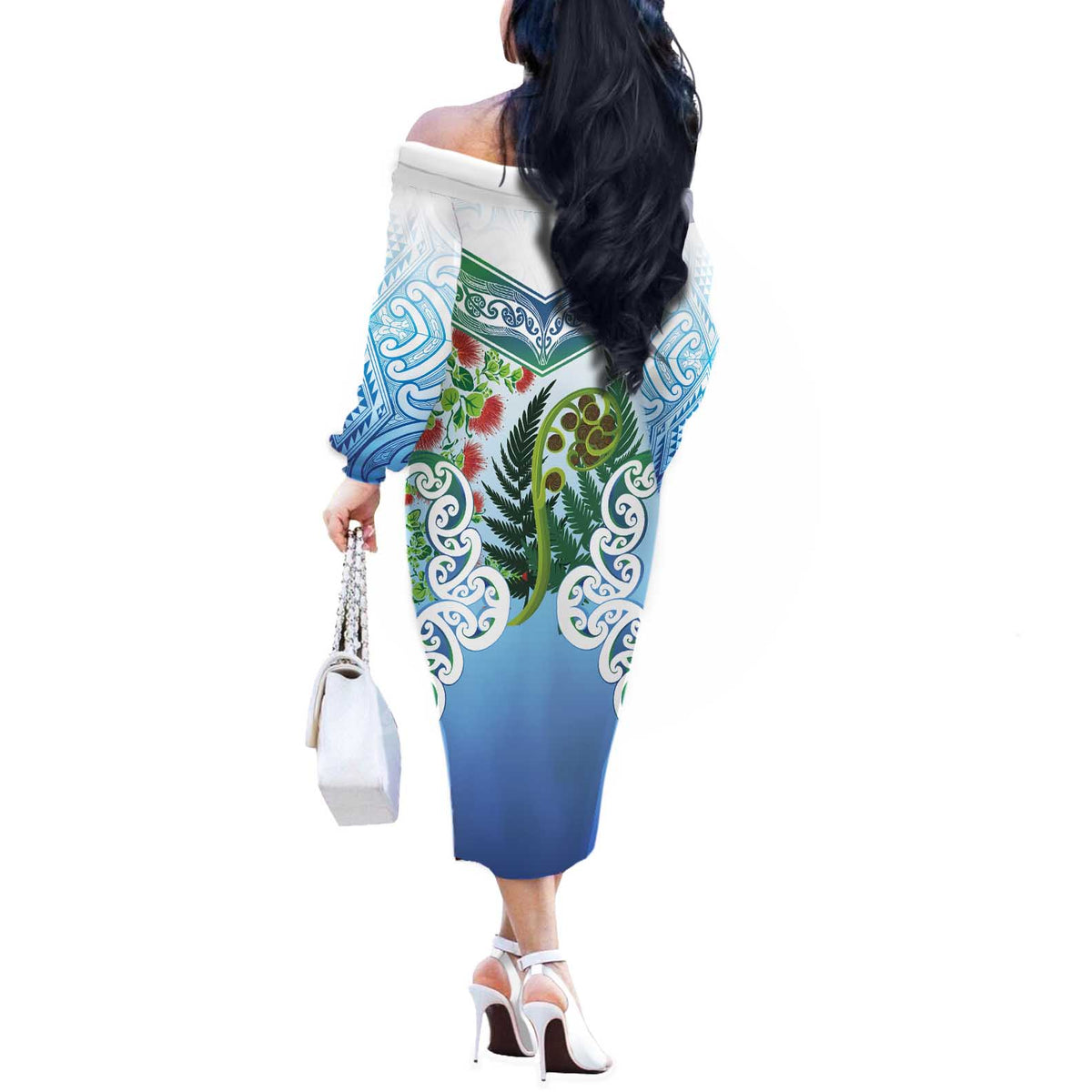 Aotearoa New Zealand Natural Plants Off The Shoulder Long Sleeve Dress Pohutukawa with Silver Ferns Koru Frond Maori Tattoos LT03 - Polynesian Pride