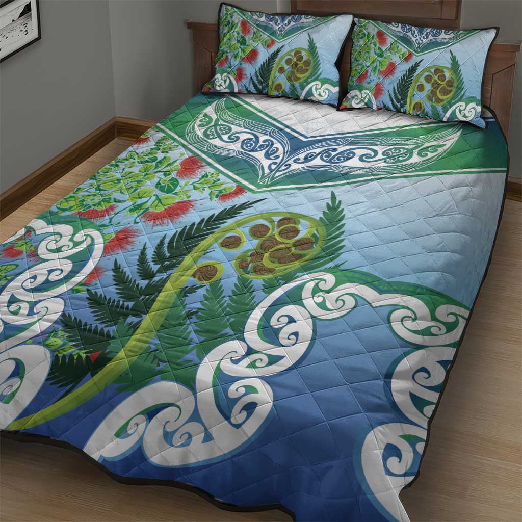 Aotearoa New Zealand Natural Plants Quilt Bed Set Pohutukawa with Silver Ferns Koru Frond Maori Tattoos LT03 - Polynesian Pride