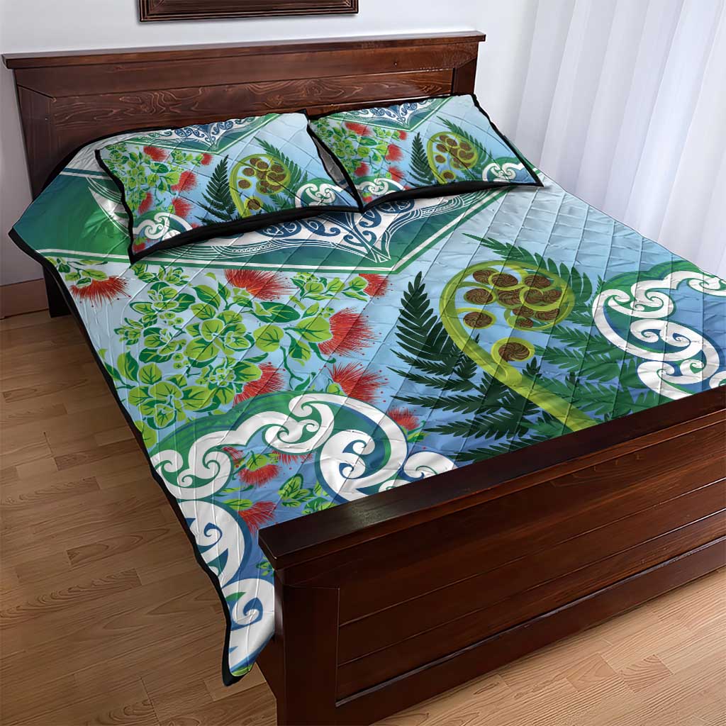 Aotearoa New Zealand Natural Plants Quilt Bed Set Pohutukawa with Silver Ferns Koru Frond Maori Tattoos LT03 - Polynesian Pride