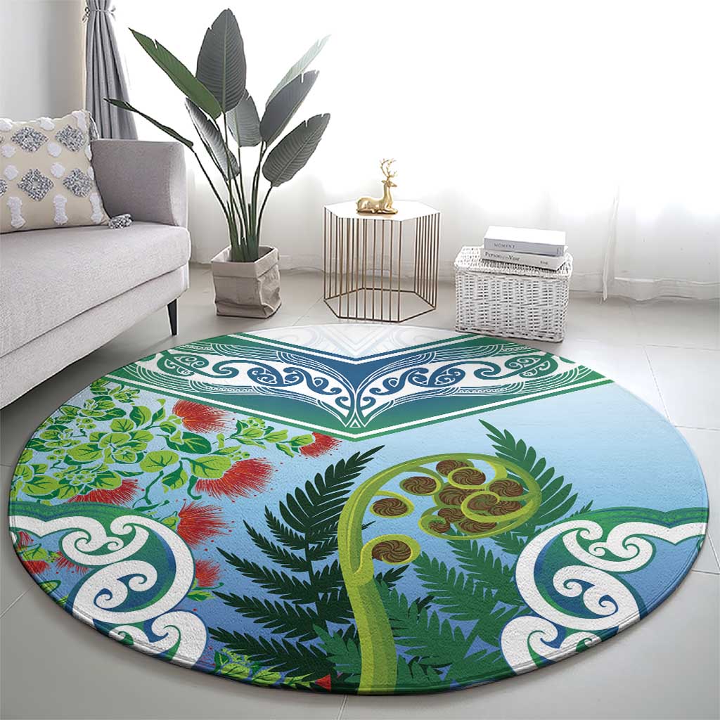 Aotearoa New Zealand Natural Plants Round Carpet Pohutukawa with Silver Ferns Koru Frond Maori Tattoos LT03 - Polynesian Pride