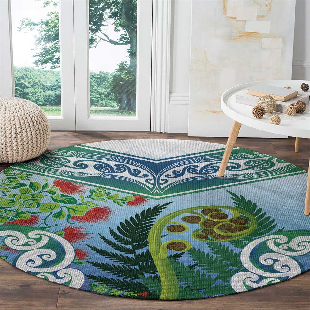 Aotearoa New Zealand Natural Plants Round Carpet Pohutukawa with Silver Ferns Koru Frond Maori Tattoos LT03 - Polynesian Pride