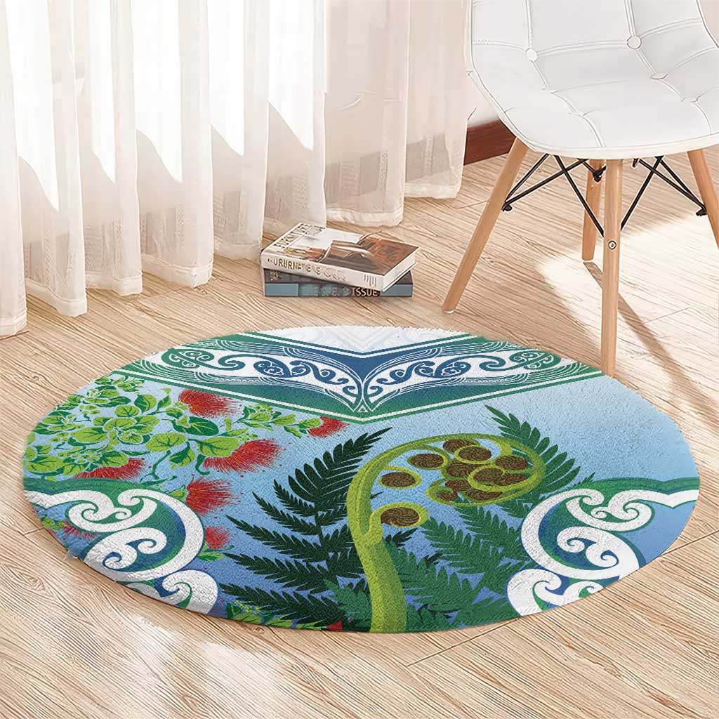 Aotearoa New Zealand Natural Plants Round Carpet Pohutukawa with Silver Ferns Koru Frond Maori Tattoos LT03 - Polynesian Pride