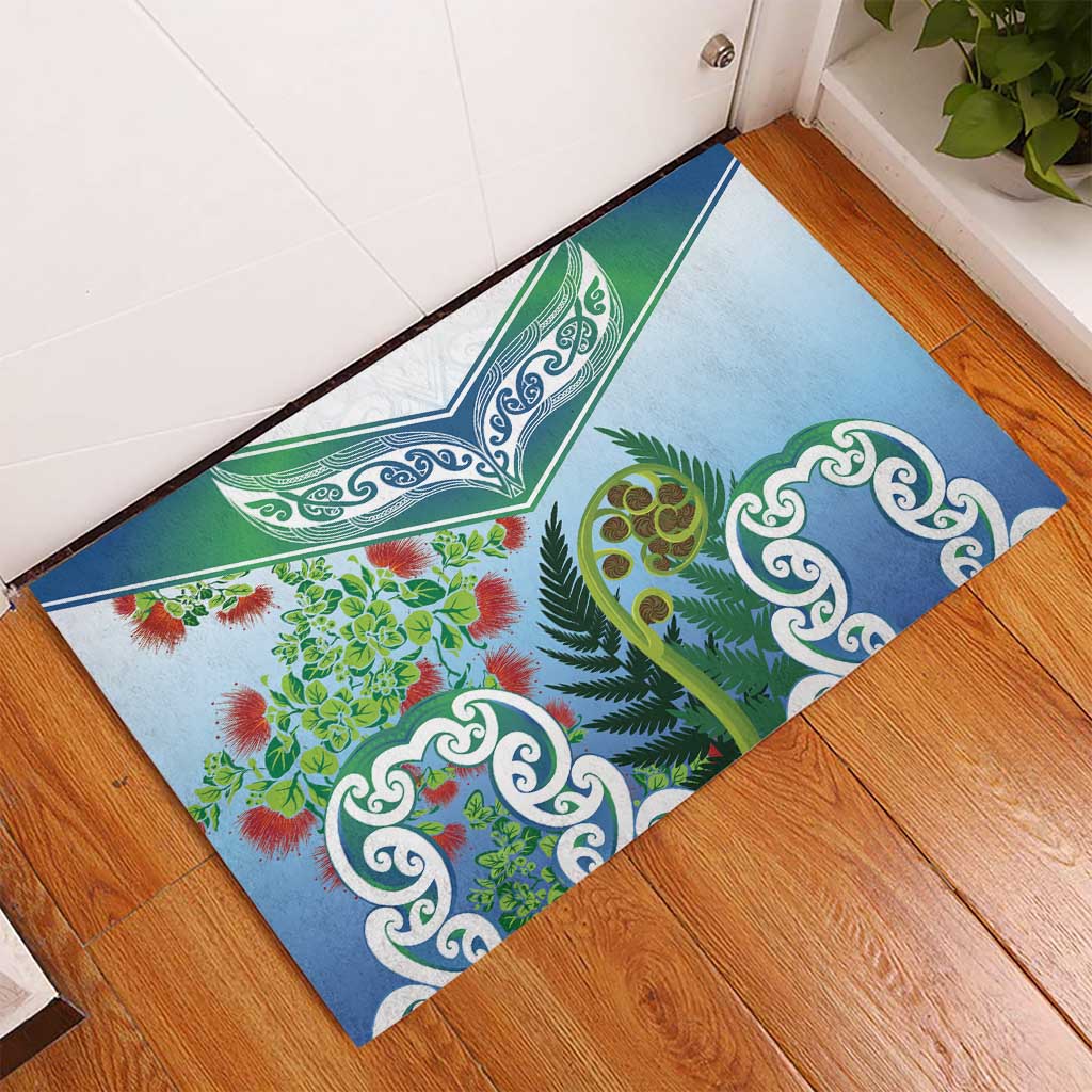 Aotearoa New Zealand Natural Plants Rubber Doormat Pohutukawa with Silver Ferns Koru Frond Maori Tattoos LT03 - Polynesian Pride