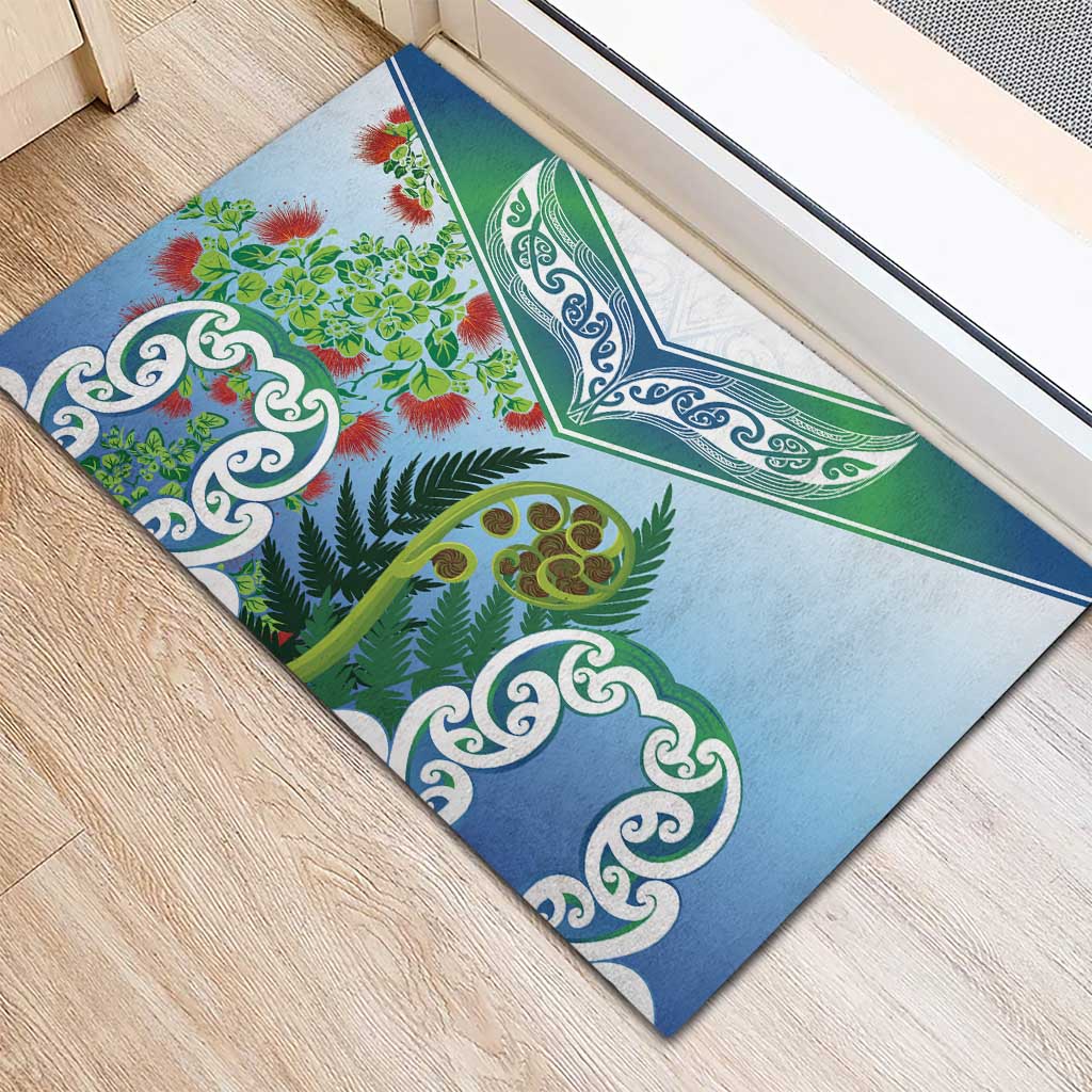 Aotearoa New Zealand Natural Plants Rubber Doormat Pohutukawa with Silver Ferns Koru Frond Maori Tattoos LT03 - Polynesian Pride