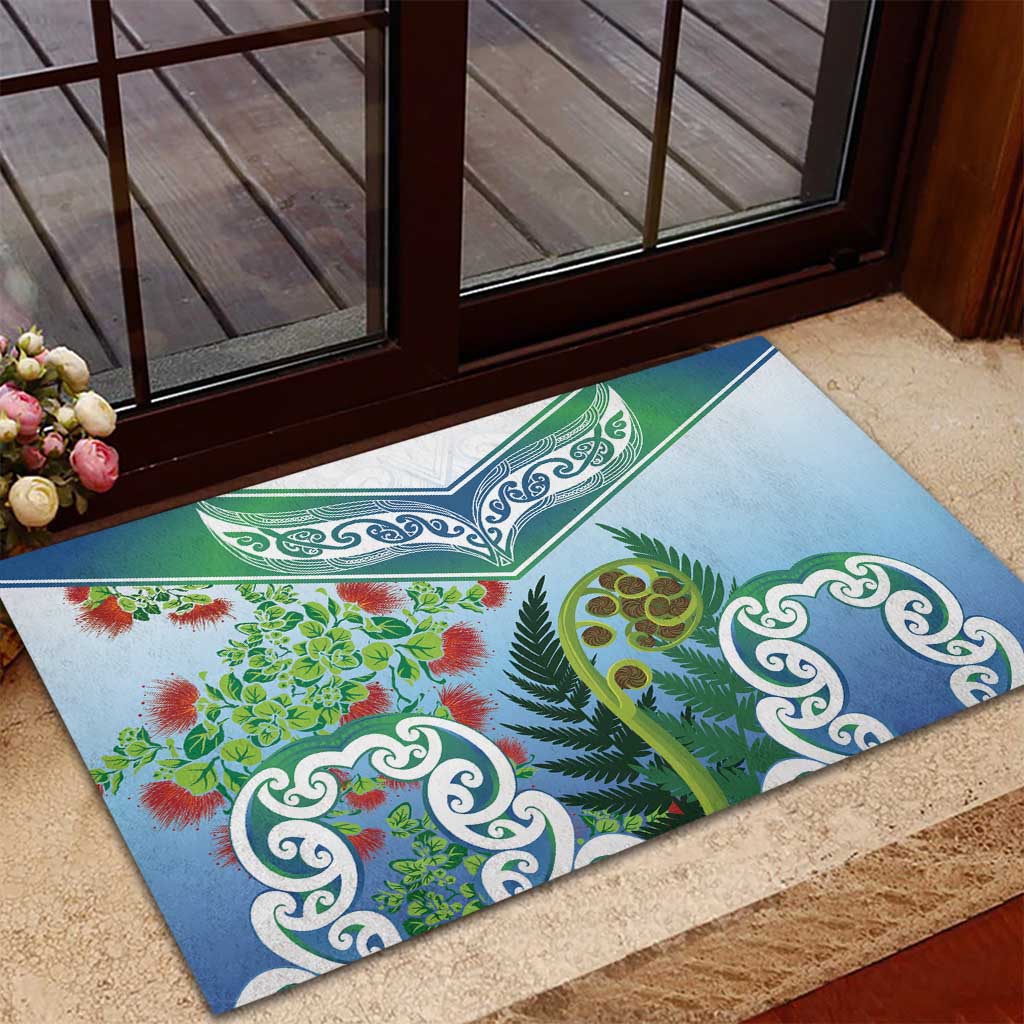 Aotearoa New Zealand Natural Plants Rubber Doormat Pohutukawa with Silver Ferns Koru Frond Maori Tattoos LT03 - Polynesian Pride