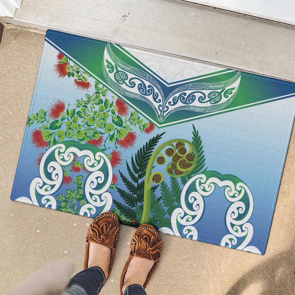 Aotearoa New Zealand Natural Plants Rubber Doormat Pohutukawa with Silver Ferns Koru Frond Maori Tattoos LT03 - Polynesian Pride