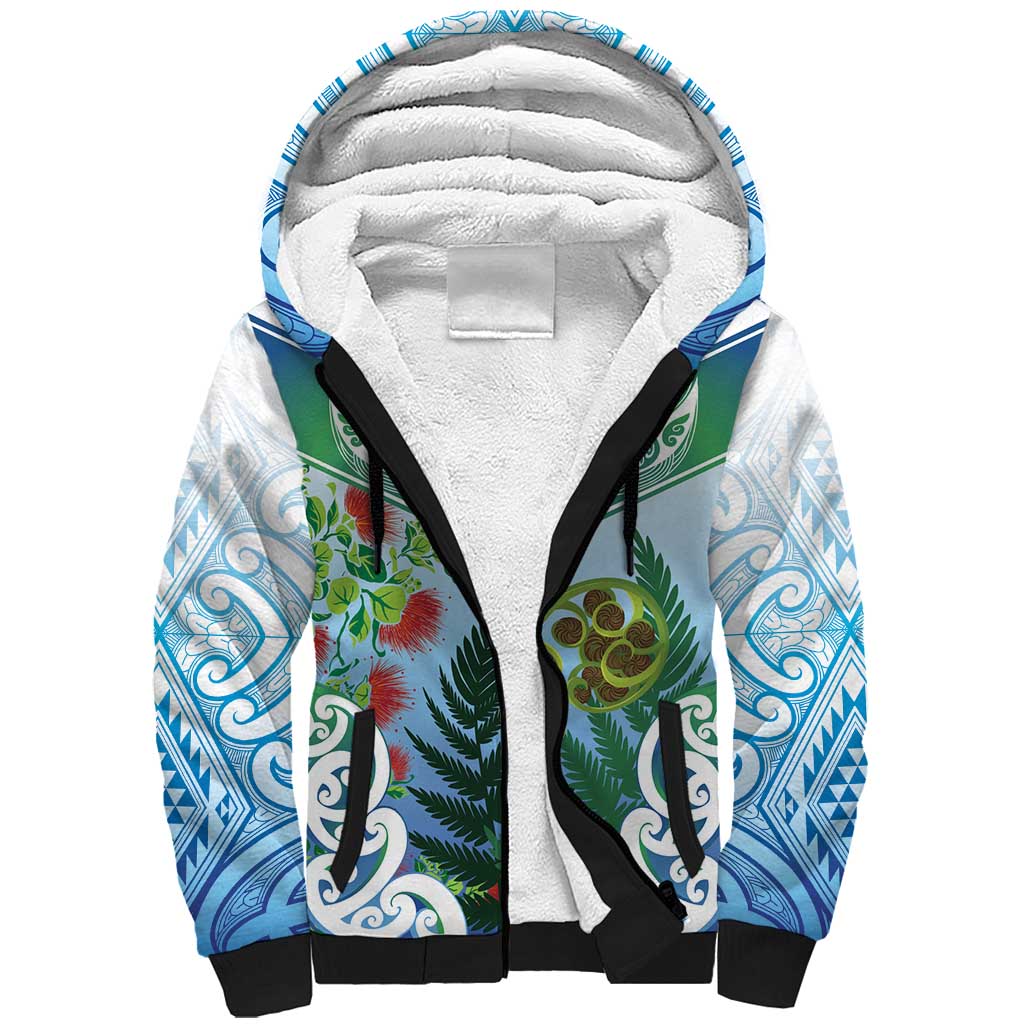 Aotearoa New Zealand Natural Plants Sherpa Hoodie Pohutukawa with Silver Ferns Koru Frond Maori Tattoos