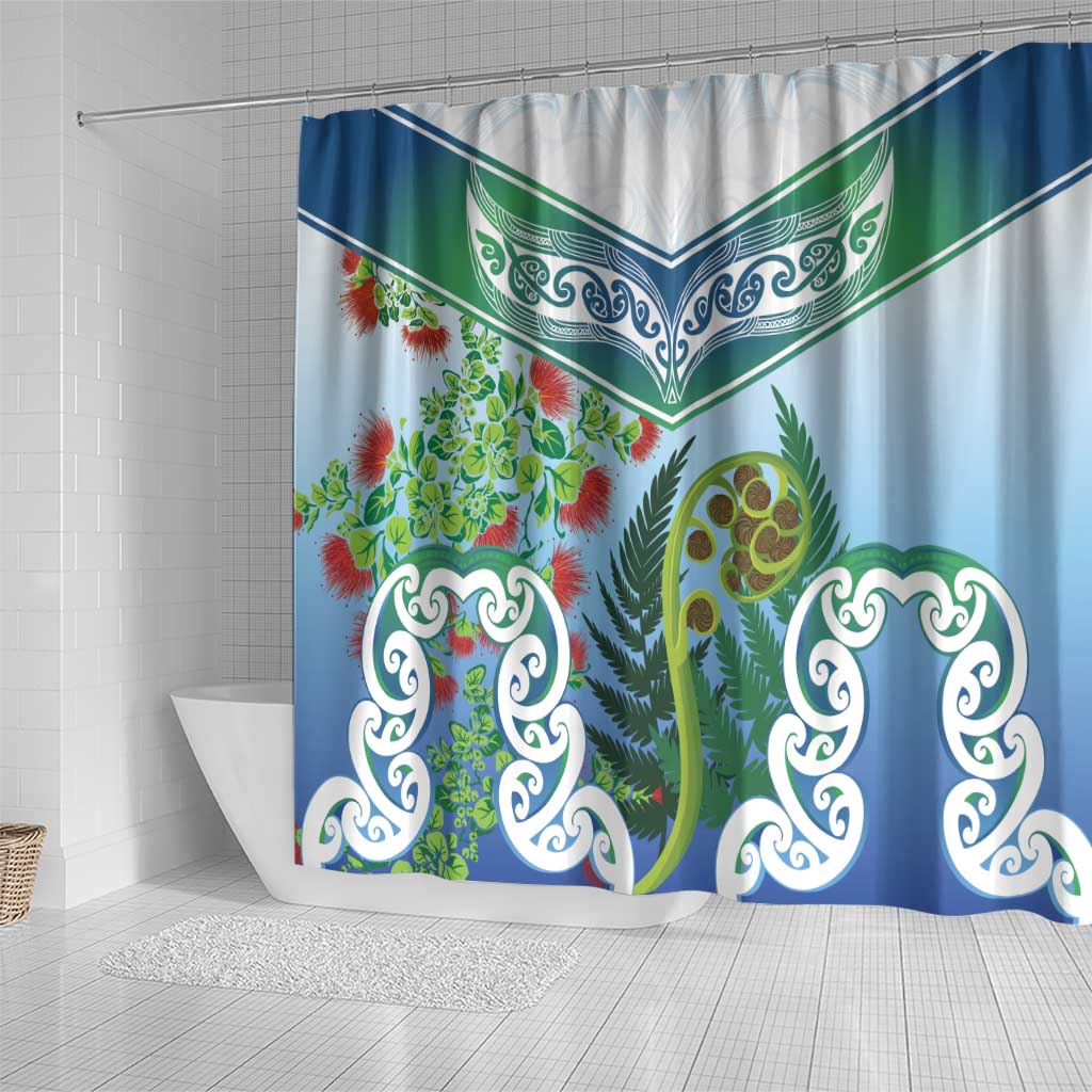 Aotearoa New Zealand Natural Plants Shower Curtain Pohutukawa with Silver Ferns Koru Frond Maori Tattoos LT03 - Polynesian Pride