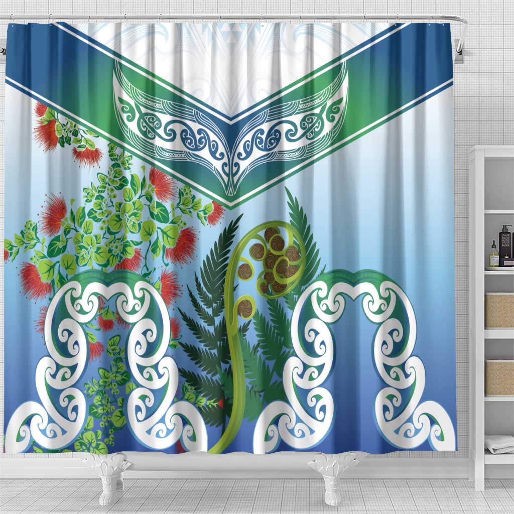 Aotearoa New Zealand Natural Plants Shower Curtain Pohutukawa with Silver Ferns Koru Frond Maori Tattoos LT03 - Polynesian Pride