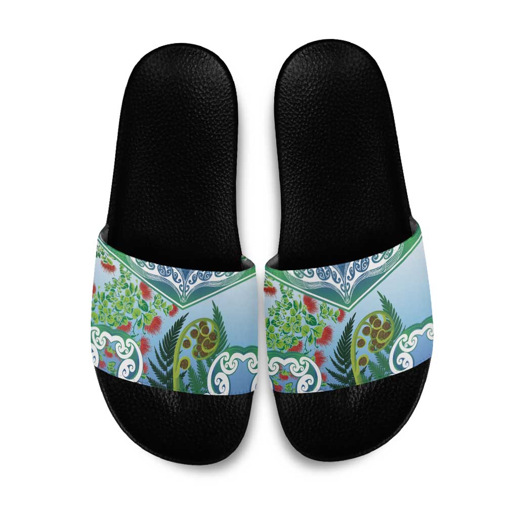 Aotearoa New Zealand Natural Plants Slide Sandals Pohutukawa with Silver Ferns Koru Frond Maori Tattoos LT03 Multicolor - Polynesian Pride