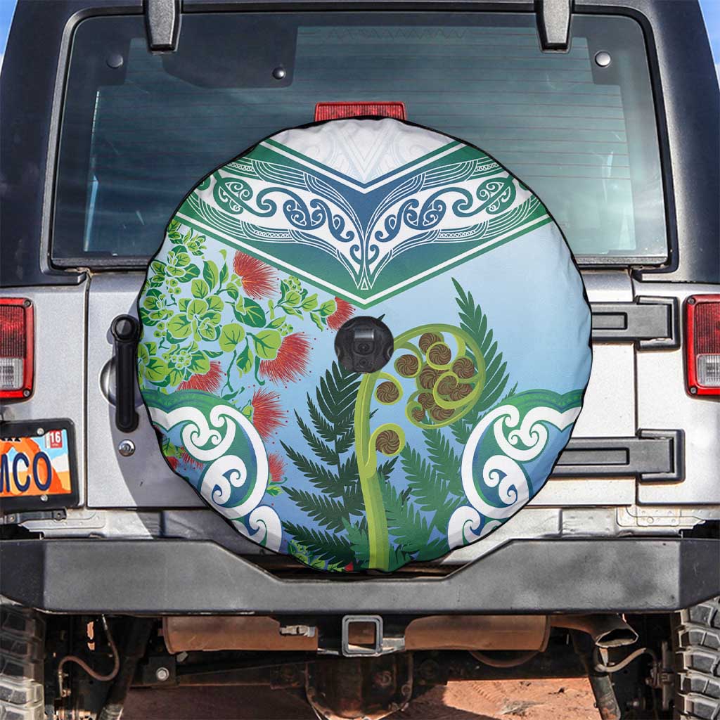 Aotearoa New Zealand Natural Plants Spare Tire Cover Pohutukawa with Silver Ferns Koru Frond Maori Tattoos LT03 Multicolor - Polynesian Pride