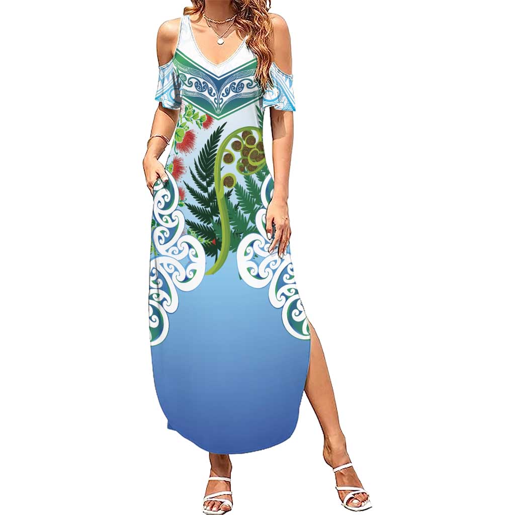 Aotearoa New Zealand Natural Plants Summer Maxi Dress Pohutukawa with Silver Ferns Koru Frond Maori Tattoos LT03 Women Multicolor - Polynesian Pride