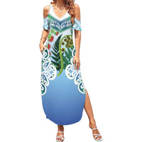 Aotearoa New Zealand Natural Plants Summer Maxi Dress Pohutukawa with Silver Ferns Koru Frond Maori Tattoos LT03 Women Multicolor - Polynesian Pride