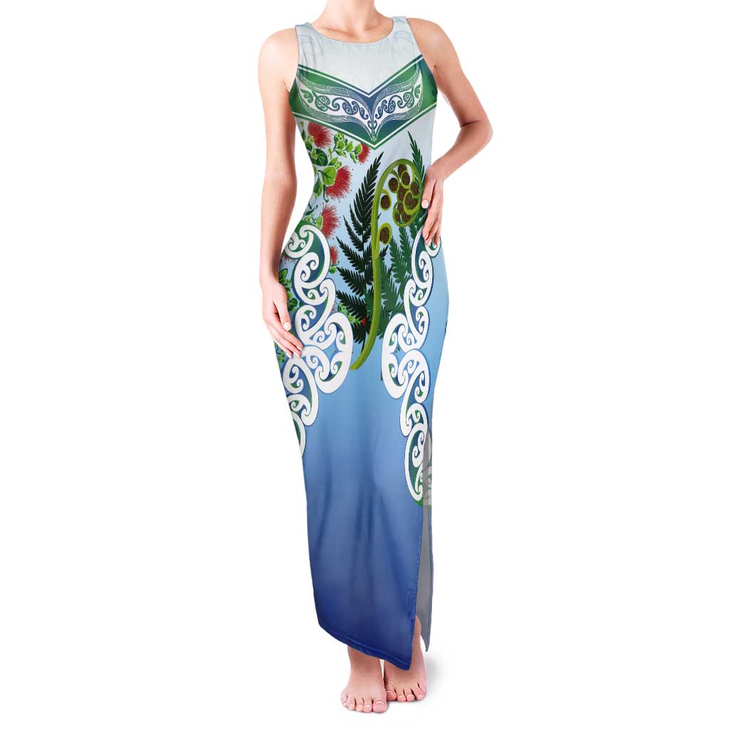 Aotearoa New Zealand Natural Plants Tank Maxi Dress Pohutukawa with Silver Ferns Koru Frond Maori Tattoos LT03 Women Multicolor - Polynesian Pride