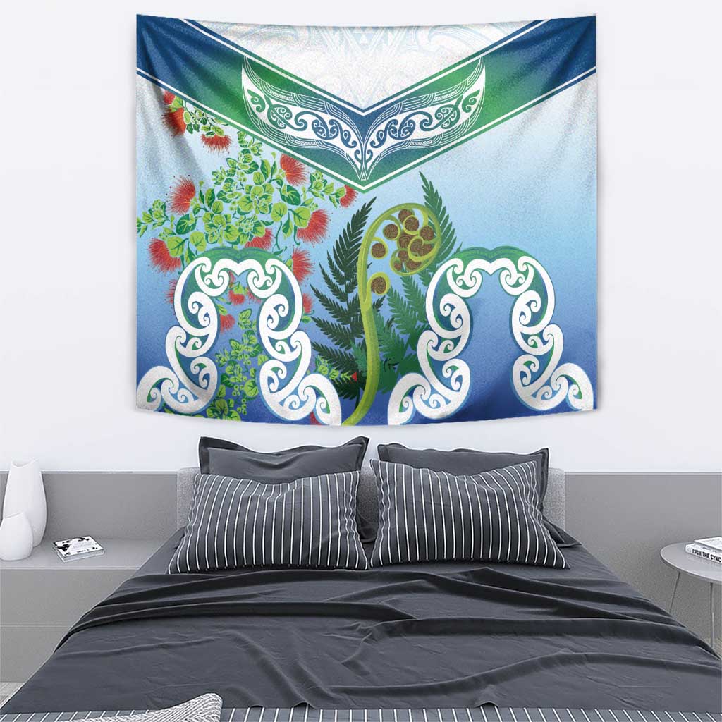 Aotearoa New Zealand Natural Plants Tapestry Pohutukawa with Silver Ferns Koru Frond Maori Tattoos