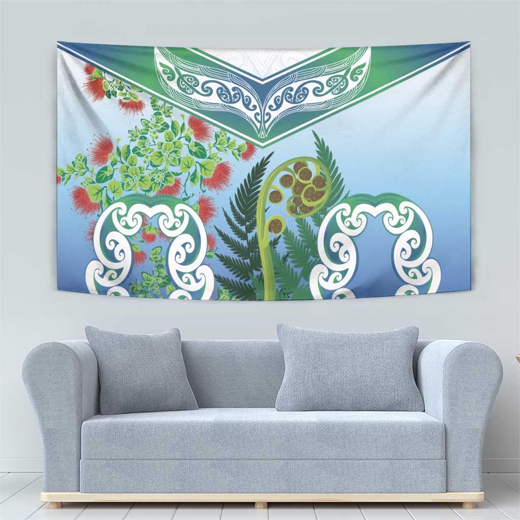 Aotearoa New Zealand Natural Plants Tapestry Pohutukawa with Silver Ferns Koru Frond Maori Tattoos