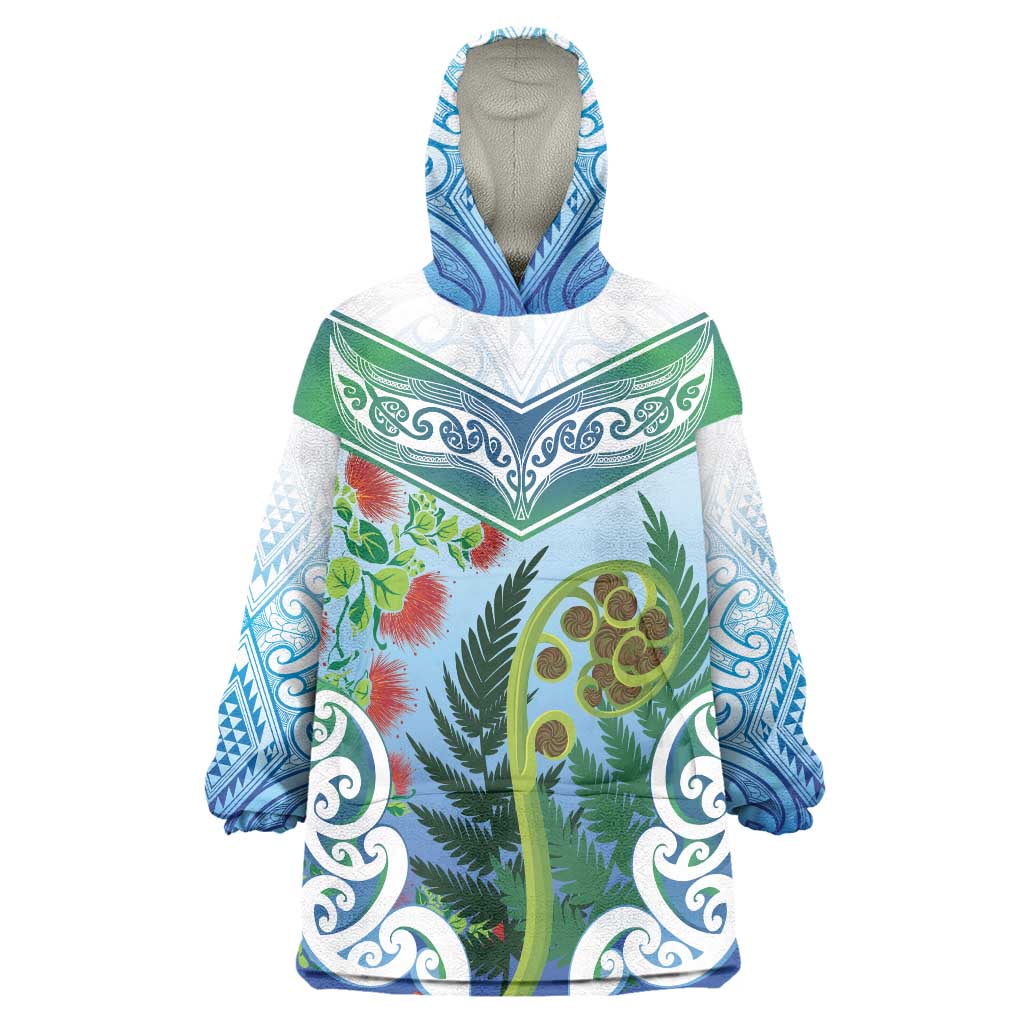 Aotearoa New Zealand Natural Plants Wearable Blanket Hoodie Pohutukawa with Silver Ferns Koru Frond Maori Tattoos LT03 One Size Multicolor - Polynesian Pride