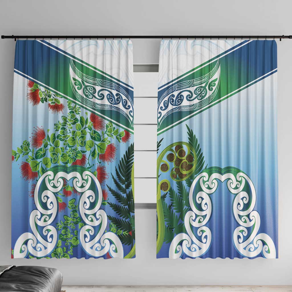 Aotearoa New Zealand Natural Plants Window Curtain Pohutukawa with Silver Ferns Koru Frond Maori Tattoos LT03 With Hooks Multicolor - Polynesian Pride