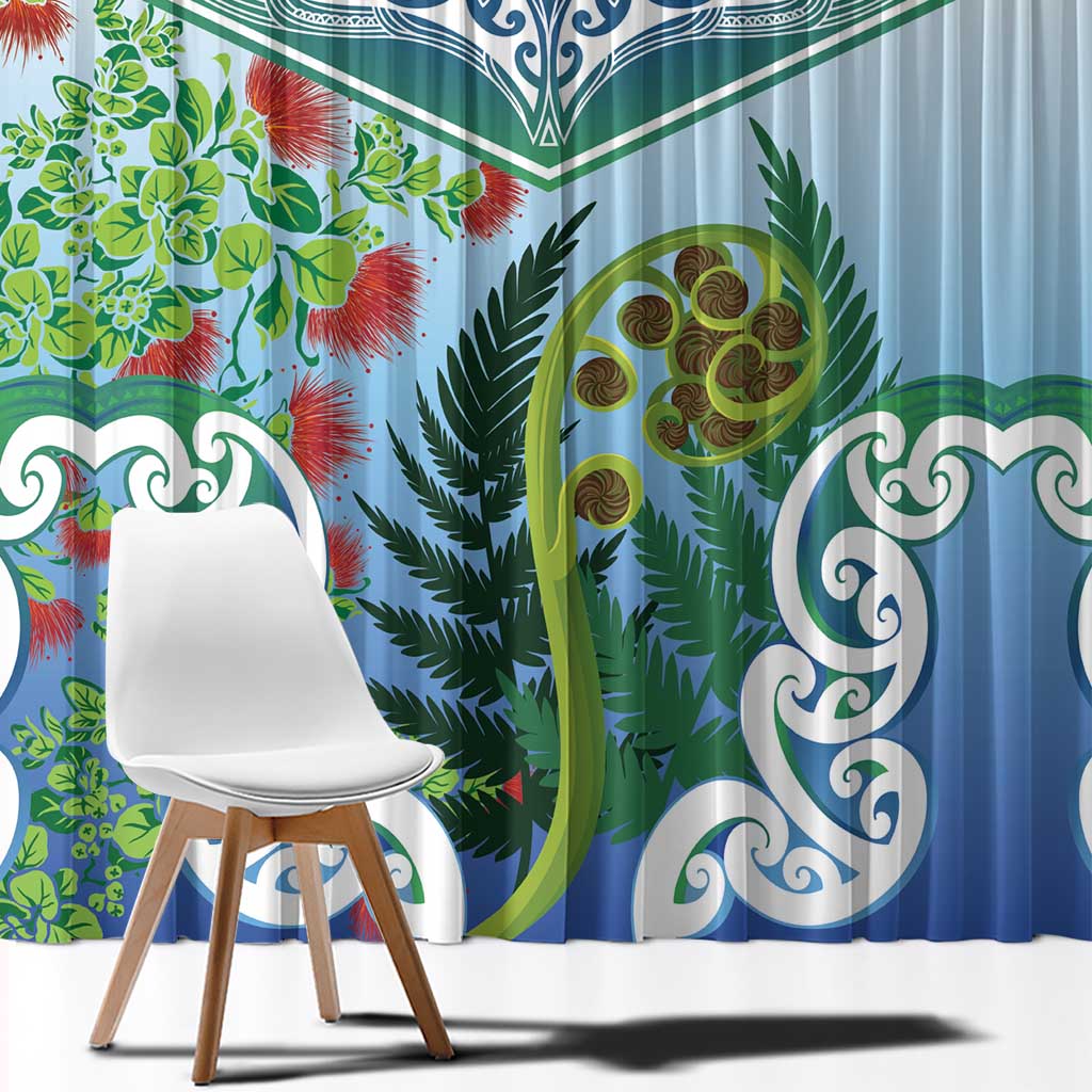 Aotearoa New Zealand Natural Plants Window Curtain Pohutukawa with Silver Ferns Koru Frond Maori Tattoos LT03 - Polynesian Pride