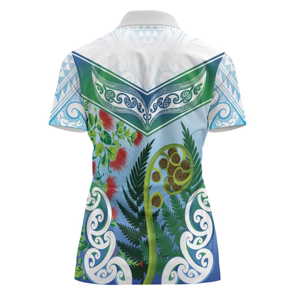 Aotearoa New Zealand Natural Plants Women Polo Shirt Pohutukawa with Silver Ferns Koru Frond Maori Tattoos LT03 - Polynesian Pride