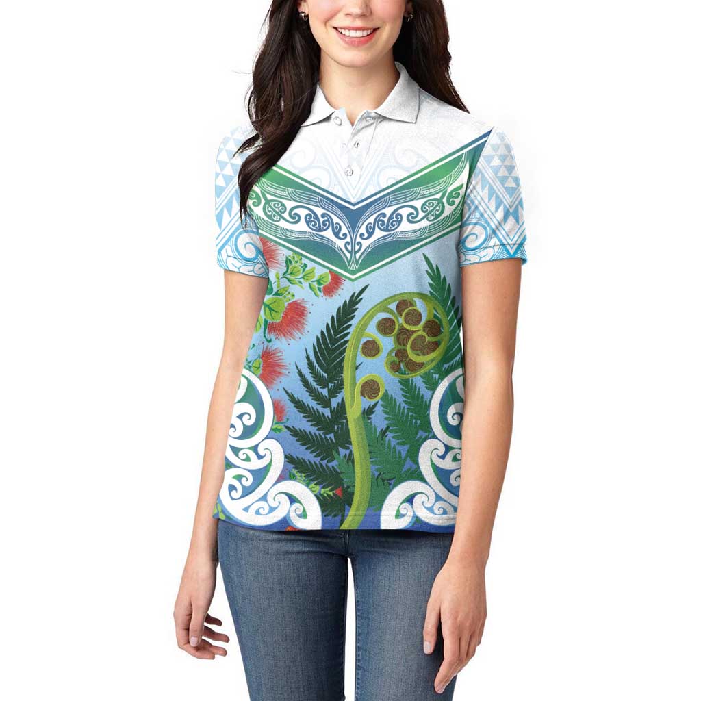 Aotearoa New Zealand Natural Plants Women Polo Shirt Pohutukawa with Silver Ferns Koru Frond Maori Tattoos LT03 - Polynesian Pride