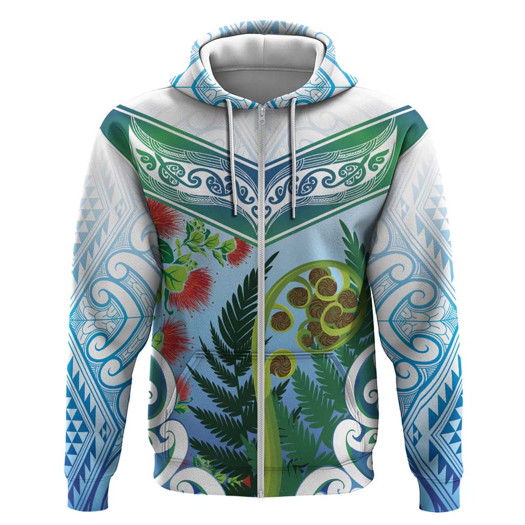 Aotearoa New Zealand Natural Plants Zip Hoodie Pohutukawa with Silver Ferns Koru Frond Maori Tattoos LT03 Zip Hoodie Multicolor - Polynesian Pride