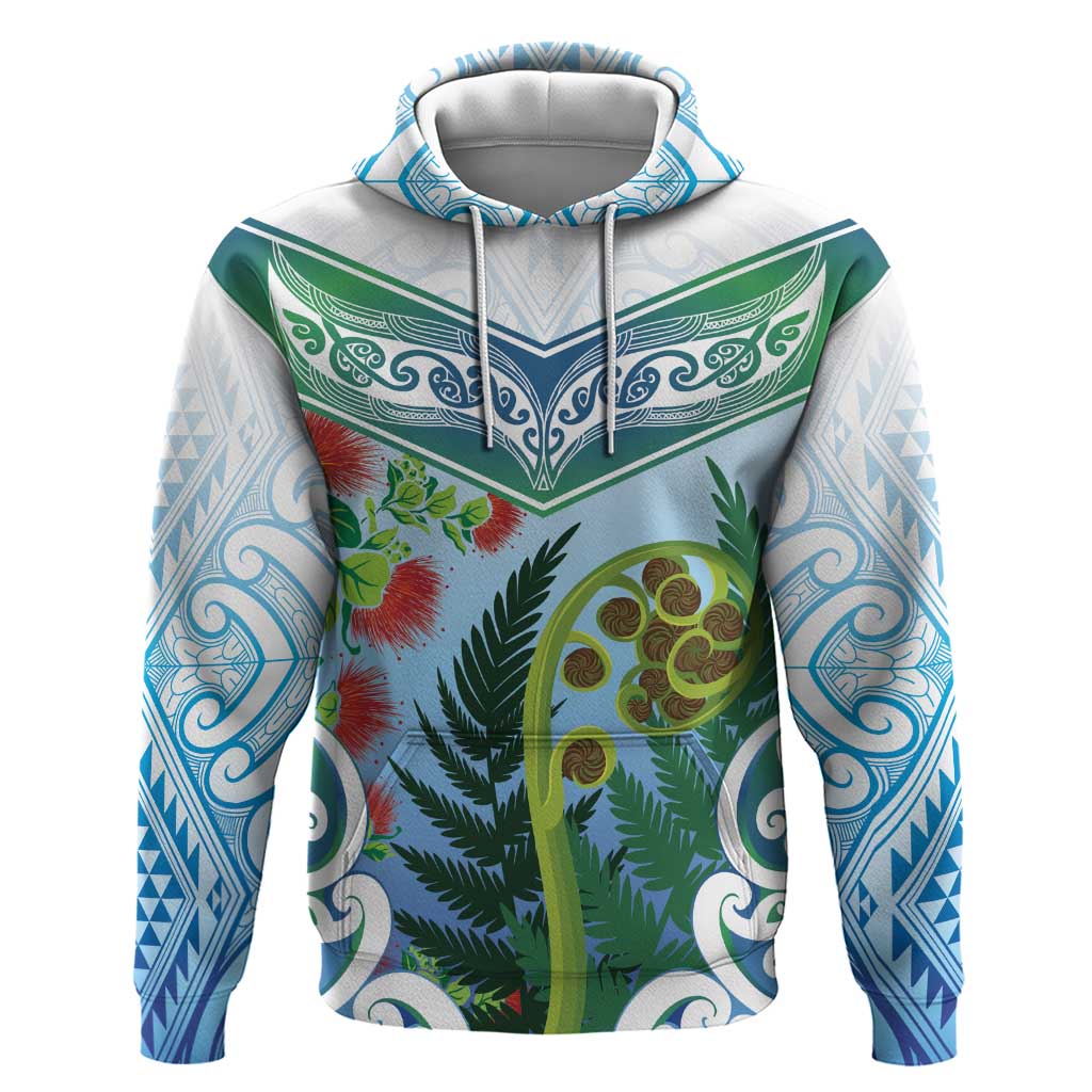 Aotearoa New Zealand Natural Plants Zip Hoodie Pohutukawa with Silver Ferns Koru Frond Maori Tattoos LT03 Pullover Hoodie Multicolor - Polynesian Pride