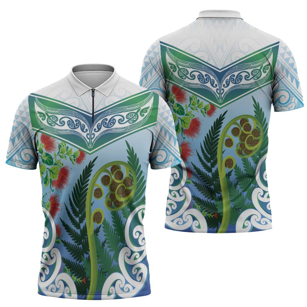 Aotearoa New Zealand Natural Plants Zipper Polo Shirt Pohutukawa with Silver Ferns Koru Frond Maori Tattoos LT03 - Polynesian Pride