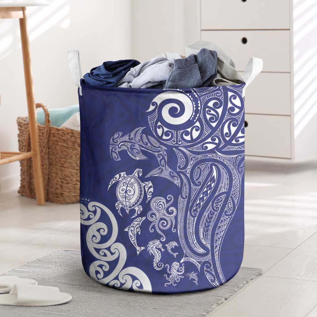 New Zealand Sea Animals with Maori Tribal Tattoo Laundry Basket Blue Color