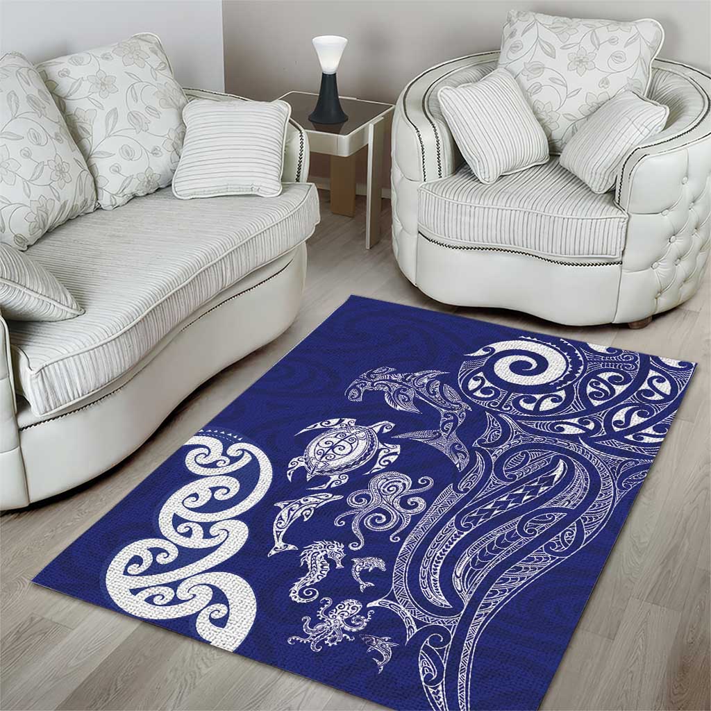 New Zealand Sea Animals with Maori Tribal Tattoo Area Rug Blue Color LT03 - Polynesian Pride