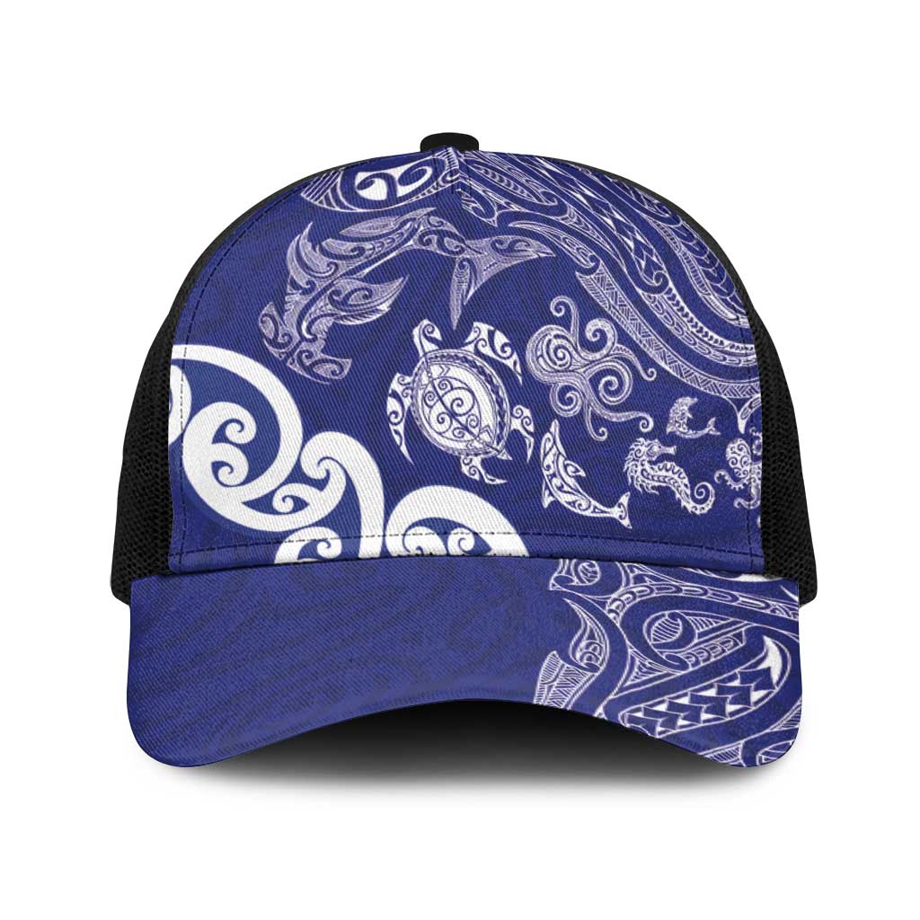 New Zealand Sea Animals with Maori Tribal Tattoo Baseball Net Cap Blue Color