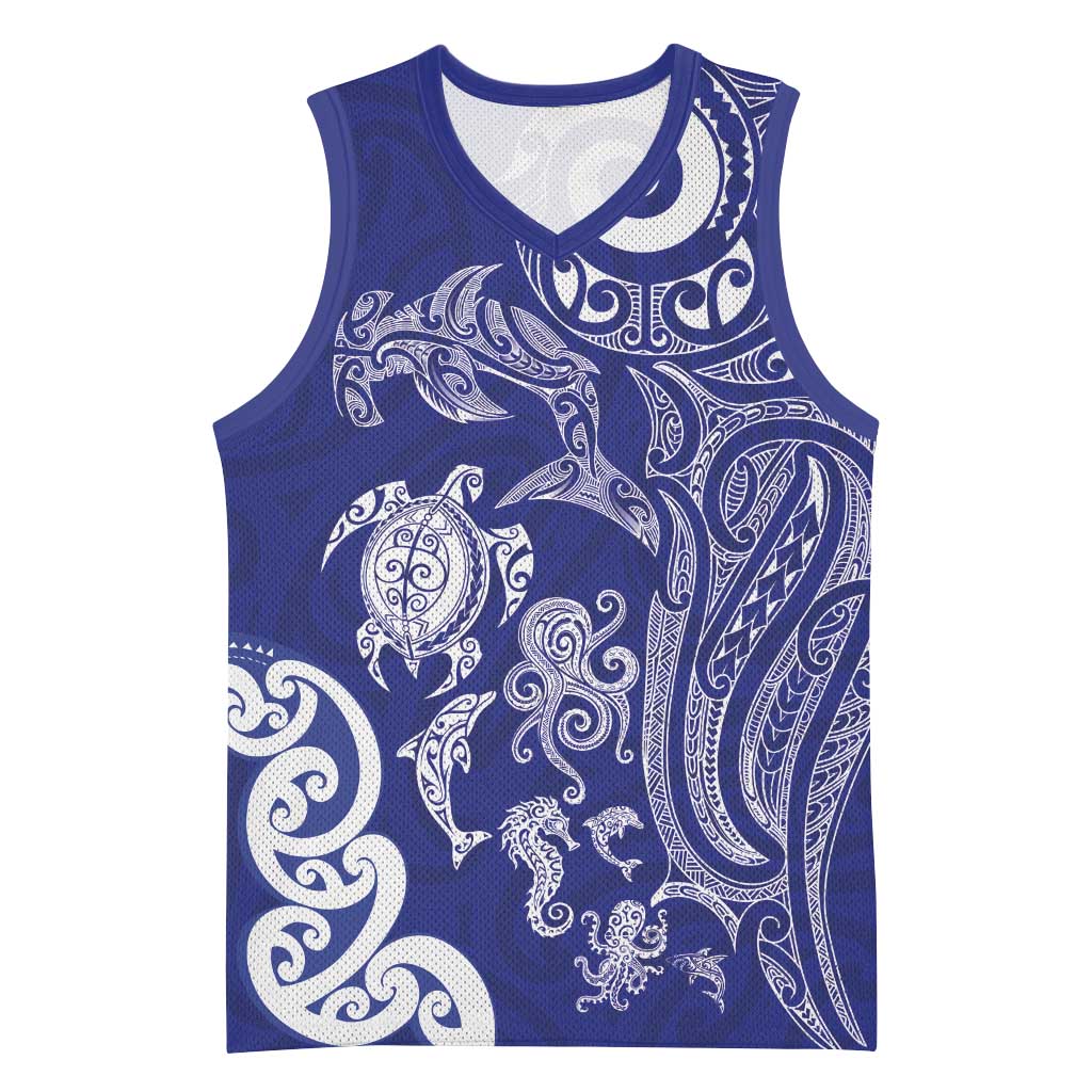 New Zealand Sea Animals with Maori Tribal Tattoo Basketball Jersey Blue Color